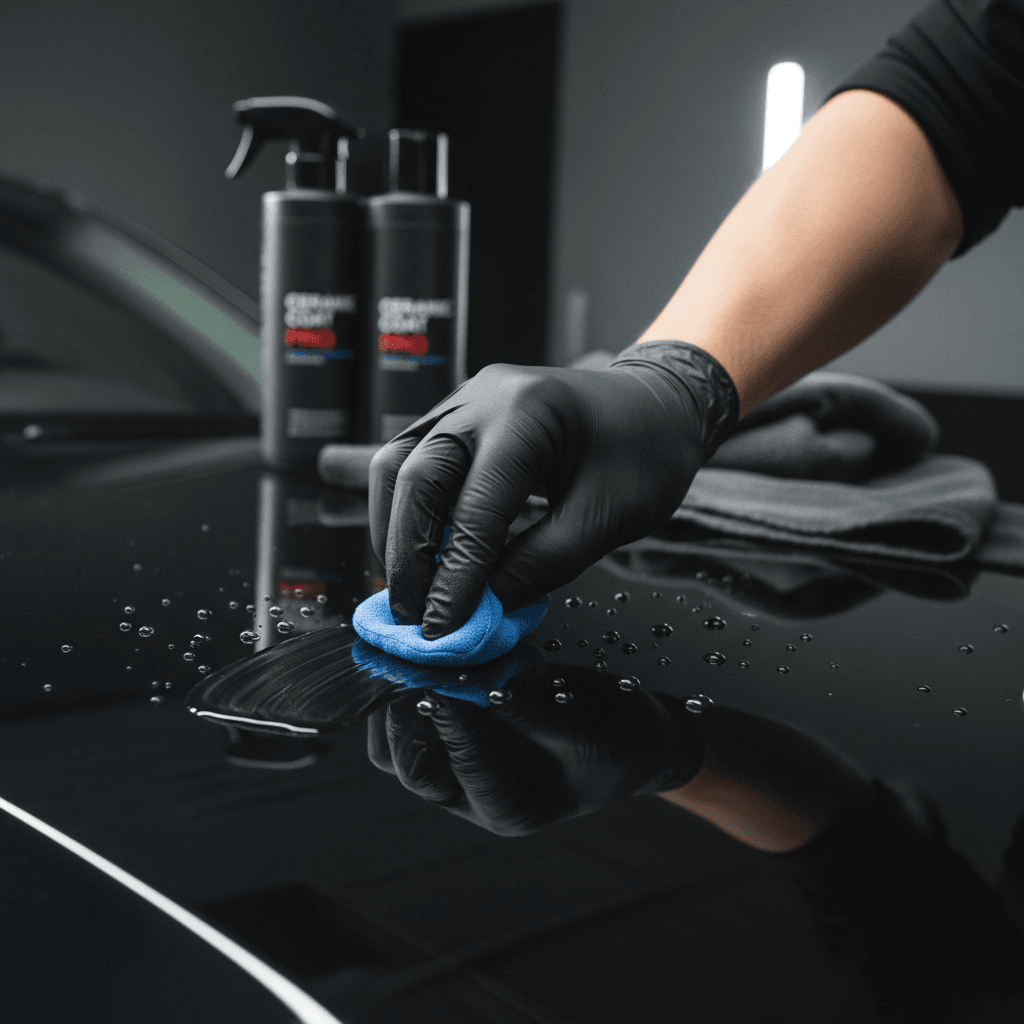 Hand applying ceramic coating to a car hood with an applicator pad