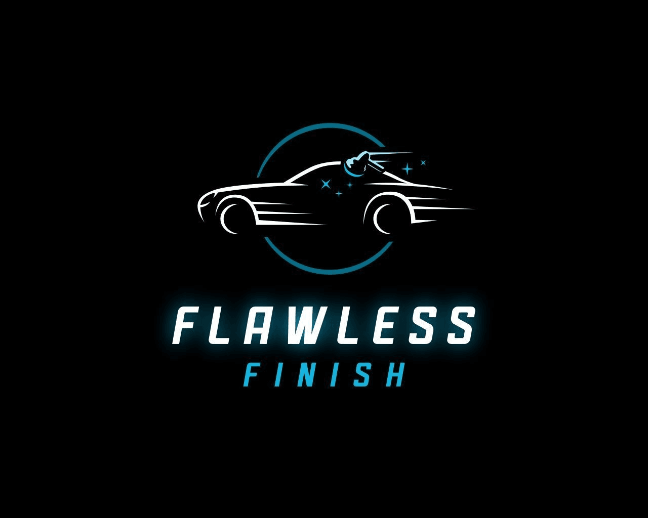 Flawless Finish car detailing logo with a white car outline and blue polishing sparkles.